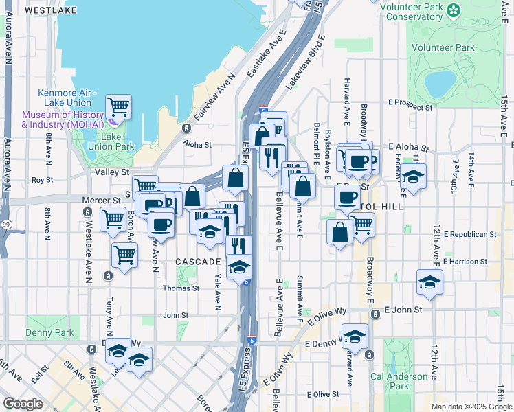 map of restaurants, bars, coffee shops, grocery stores, and more near 700 Melrose Avenue East in Seattle
