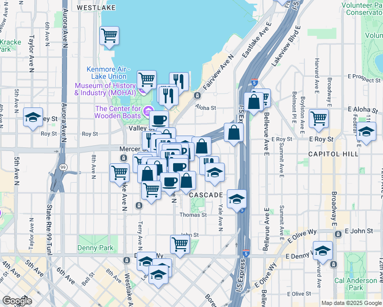 map of restaurants, bars, coffee shops, grocery stores, and more near 611 Pontius Avenue North in Seattle