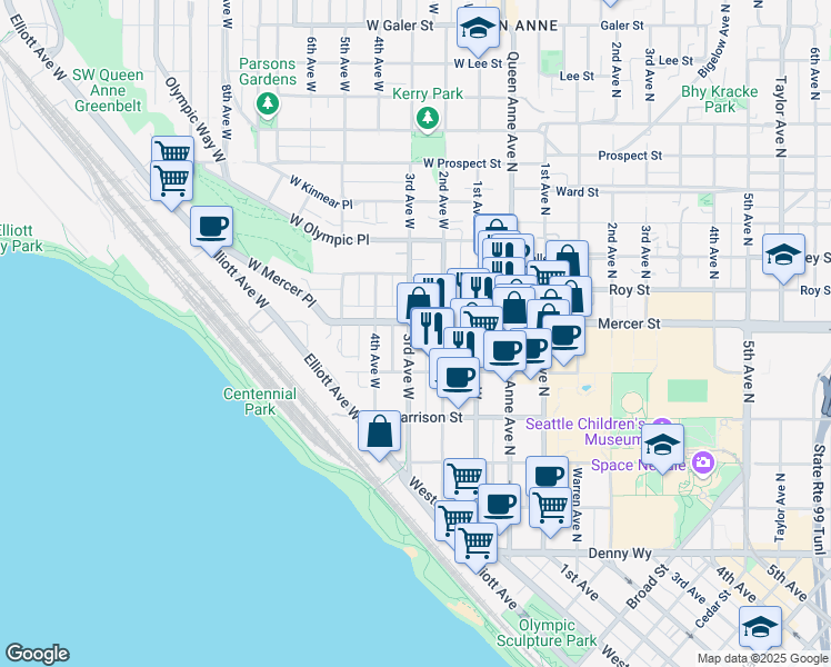 map of restaurants, bars, coffee shops, grocery stores, and more near 617 3rd Avenue West in Seattle