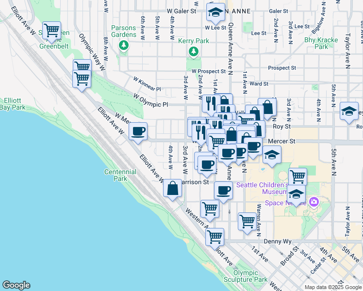 map of restaurants, bars, coffee shops, grocery stores, and more near 617 3rd Avenue West in Seattle