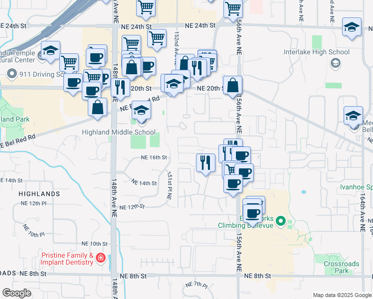 map of restaurants, bars, coffee shops, grocery stores, and more near 15201 Northeast 16th Place in Bellevue