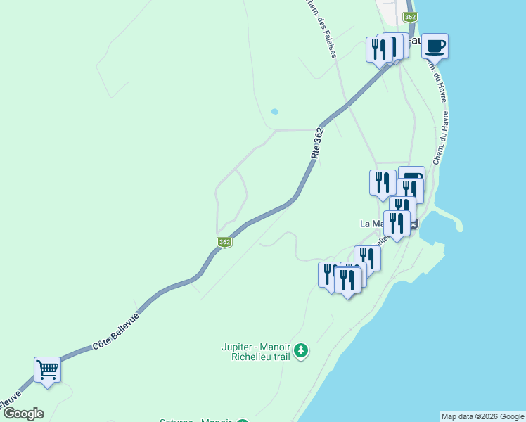 map of restaurants, bars, coffee shops, grocery stores, and more near 470 Côte Bellevue in La Malbaie
