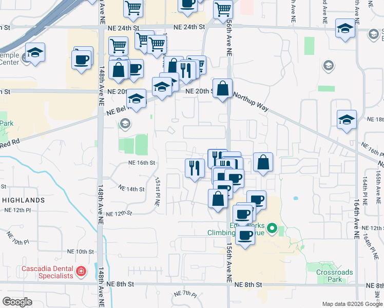 map of restaurants, bars, coffee shops, grocery stores, and more near 15207 Northeast 16th Place in Bellevue