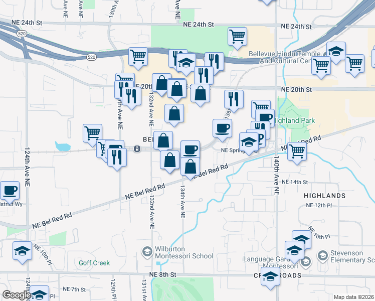 map of restaurants, bars, coffee shops, grocery stores, and more near 13400-13430 Northeast Spring Boulevard in Bellevue