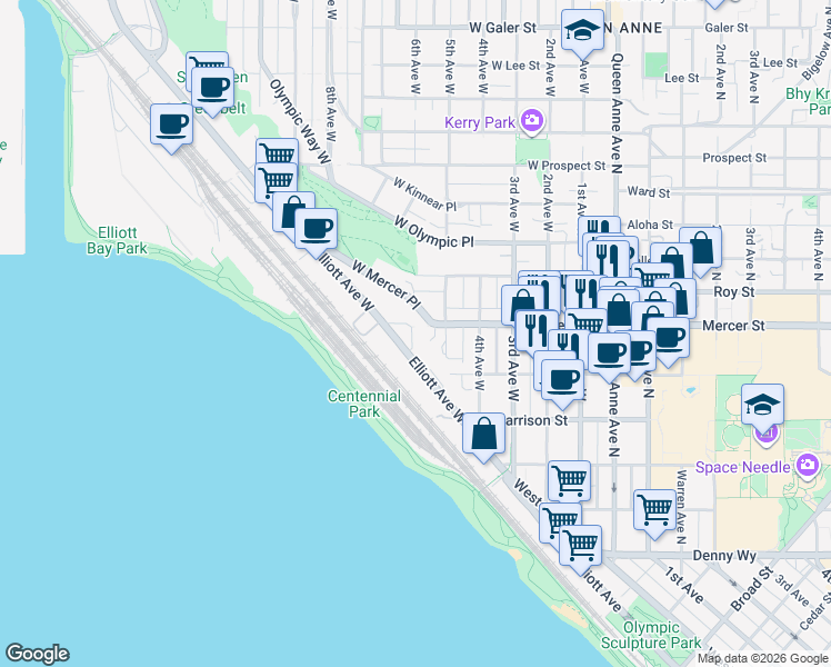 map of restaurants, bars, coffee shops, grocery stores, and more near in Seattle