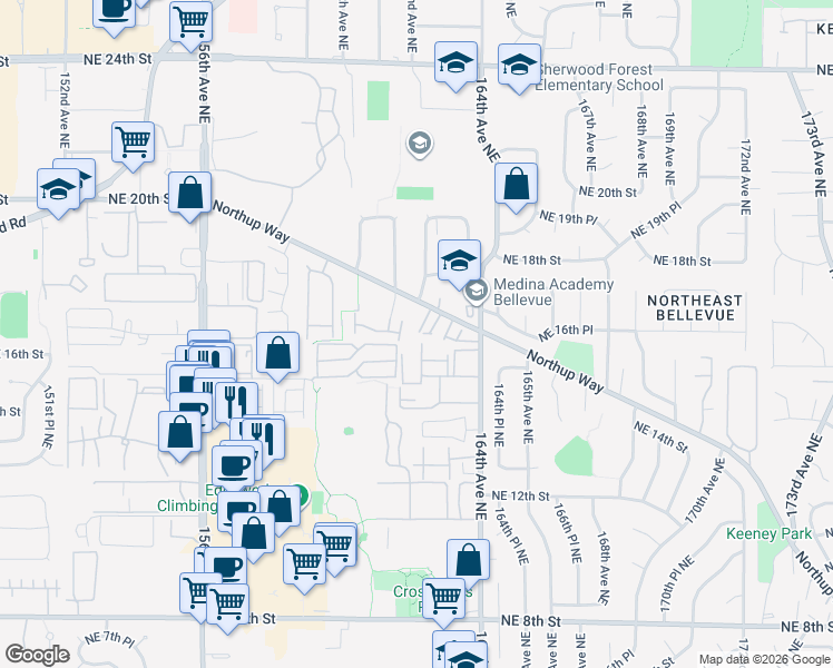map of restaurants, bars, coffee shops, grocery stores, and more near 16209 Northup Way in Bellevue