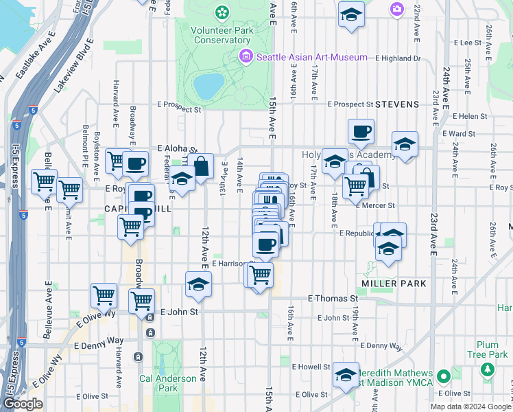 map of restaurants, bars, coffee shops, grocery stores, and more near 1509 East Mercer Street in Seattle