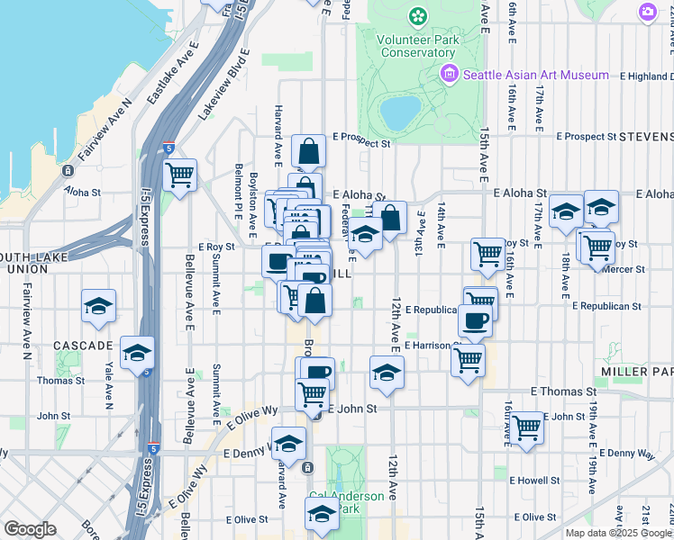 map of restaurants, bars, coffee shops, grocery stores, and more near 623 Federal Avenue East in Seattle