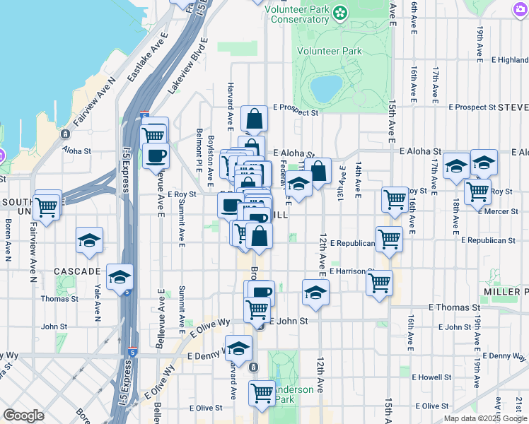 map of restaurants, bars, coffee shops, grocery stores, and more near in Seattle
