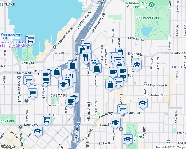 map of restaurants, bars, coffee shops, grocery stores, and more near 650 Bellevue Avenue East in Seattle