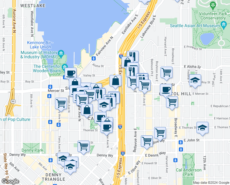 map of restaurants, bars, coffee shops, grocery stores, and more near 617 Eastlake Avenue East in Seattle