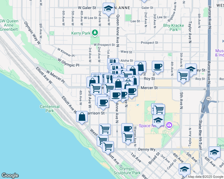 map of restaurants, bars, coffee shops, grocery stores, and more near 612 1st Avenue West in Seattle