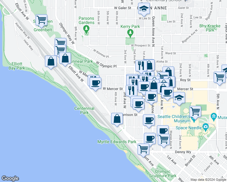 map of restaurants, bars, coffee shops, grocery stores, and more near 412 West Mercer Street in Seattle