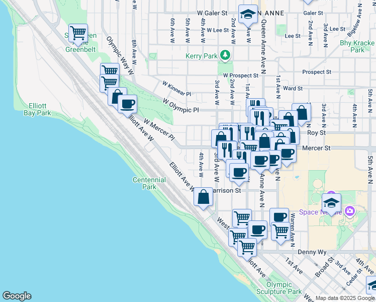 map of restaurants, bars, coffee shops, grocery stores, and more near 412 West Mercer Street in Seattle