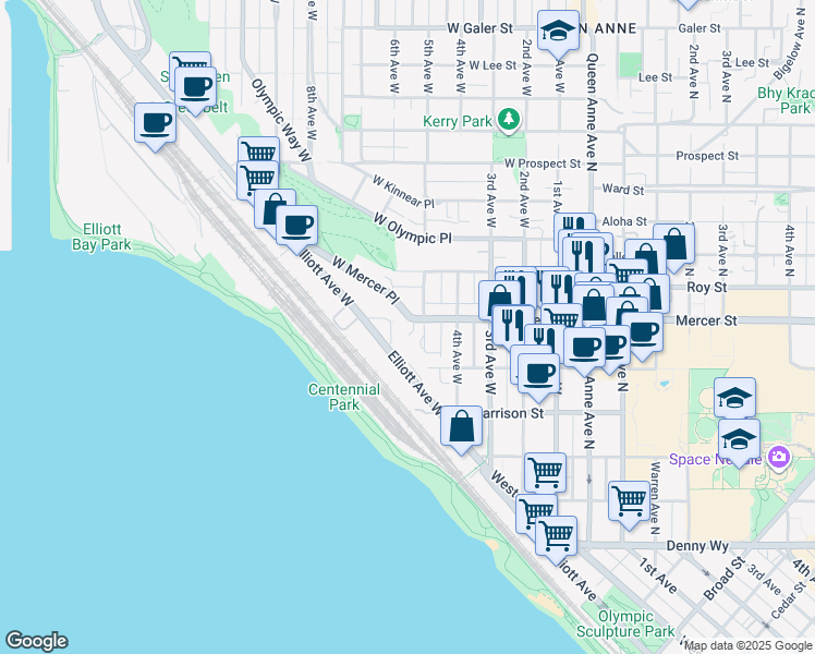 map of restaurants, bars, coffee shops, grocery stores, and more near in Seattle