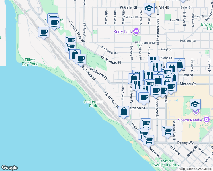 map of restaurants, bars, coffee shops, grocery stores, and more near in Seattle