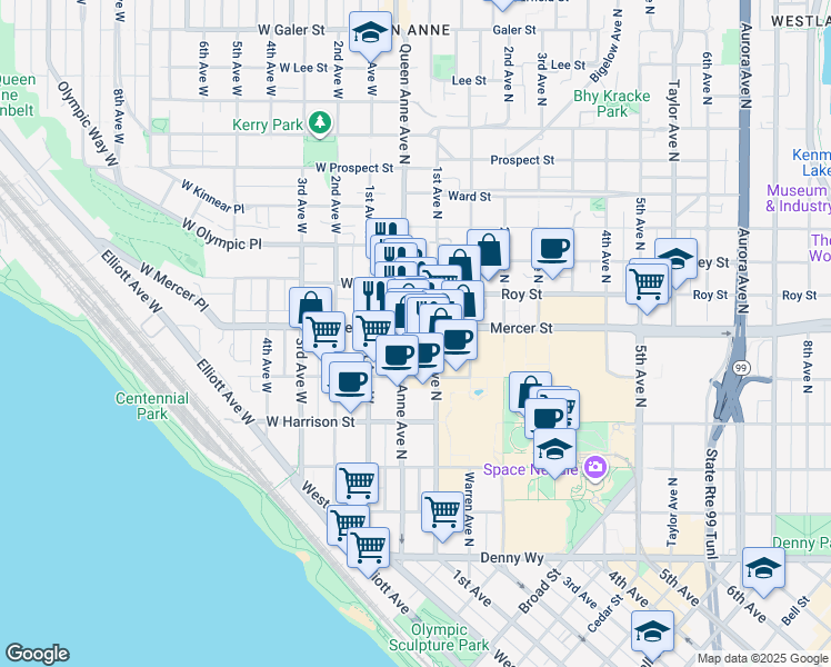map of restaurants, bars, coffee shops, grocery stores, and more near in Seattle