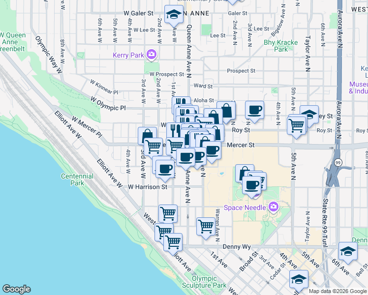 map of restaurants, bars, coffee shops, grocery stores, and more near in Seattle