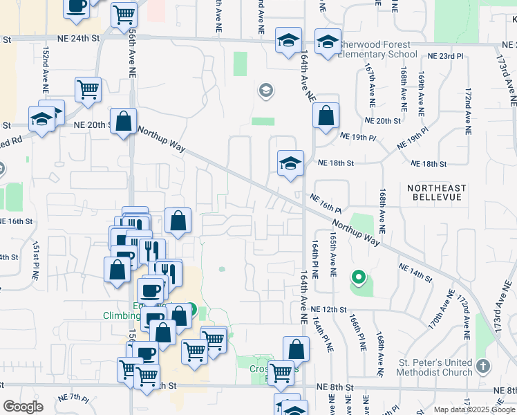 map of restaurants, bars, coffee shops, grocery stores, and more near 16157 Northup Way in Bellevue