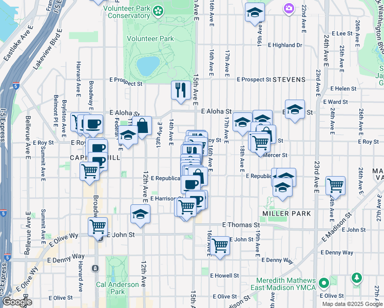 map of restaurants, bars, coffee shops, grocery stores, and more near 605 15th Avenue East in Seattle