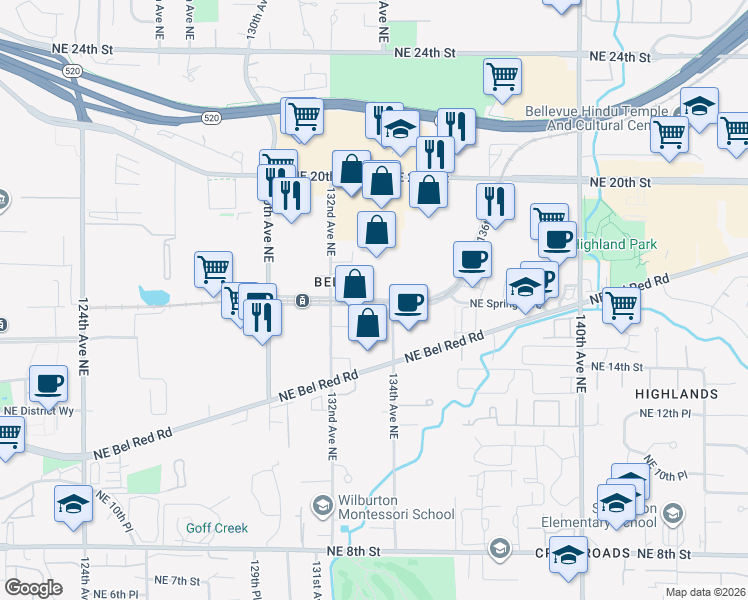 map of restaurants, bars, coffee shops, grocery stores, and more near 1690 132ND Place Northeast in Bellevue