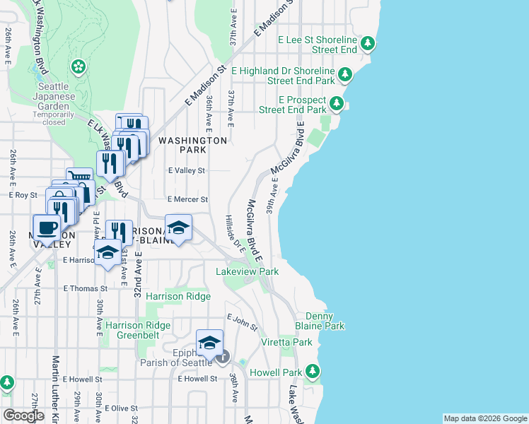 map of restaurants, bars, coffee shops, grocery stores, and more near 474 39th Avenue East in Seattle