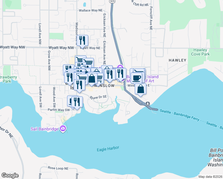 map of restaurants, bars, coffee shops, grocery stores, and more near 465 Winslow Way East in Bainbridge Island