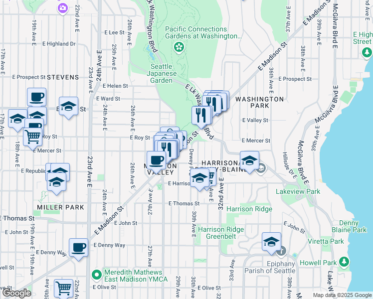 map of restaurants, bars, coffee shops, grocery stores, and more near 3001 East Madison Street in Seattle