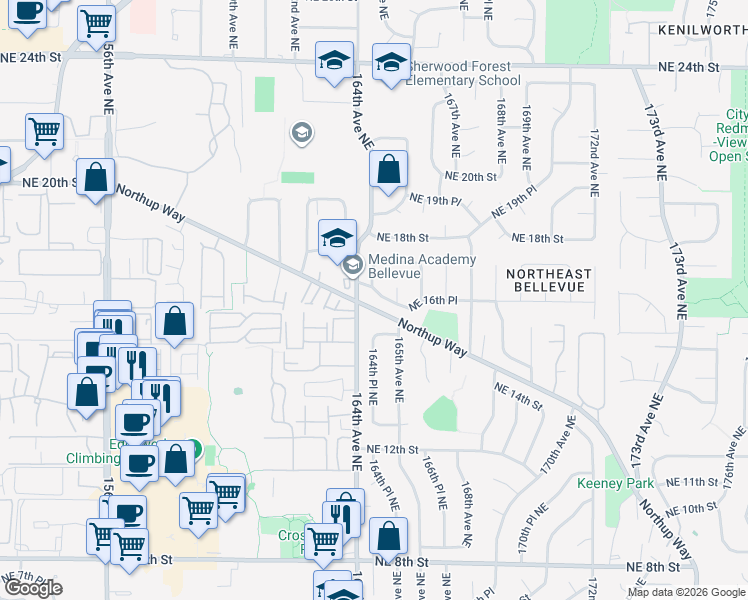 map of restaurants, bars, coffee shops, grocery stores, and more near 1604 164th Place Northeast in Bellevue