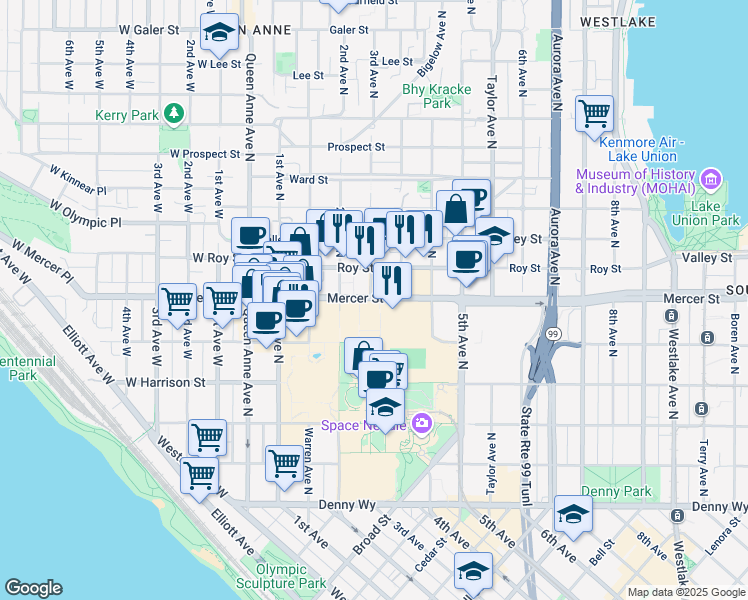 map of restaurants, bars, coffee shops, grocery stores, and more near 301 Mercer Street in Seattle