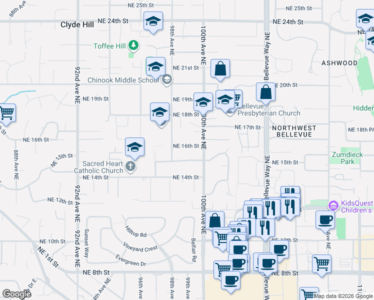 map of restaurants, bars, coffee shops, grocery stores, and more near 9848 Northeast 16th Street in Bellevue
