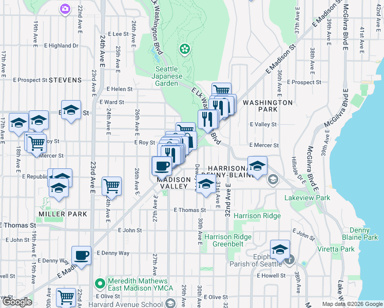 map of restaurants, bars, coffee shops, grocery stores, and more near 3001 East Madison Street in Seattle
