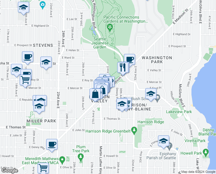 map of restaurants, bars, coffee shops, grocery stores, and more near 616 29th Avenue East in Seattle