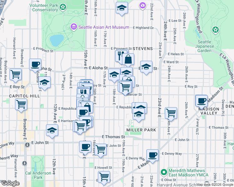 map of restaurants, bars, coffee shops, grocery stores, and more near 614 18th Avenue East in Seattle