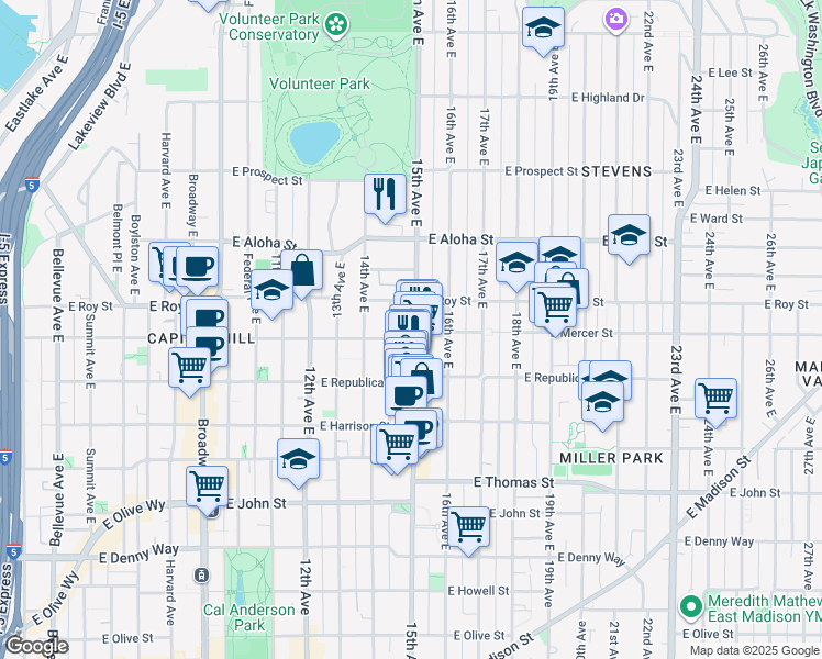 map of restaurants, bars, coffee shops, grocery stores, and more near in Seattle