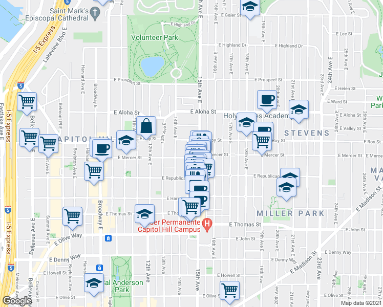 map of restaurants, bars, coffee shops, grocery stores, and more near 1509 East Mercer Street in Seattle