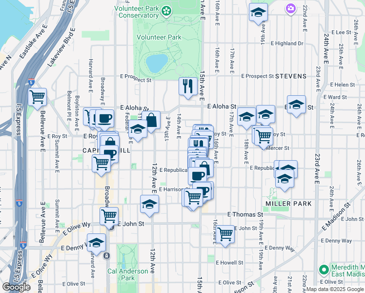 map of restaurants, bars, coffee shops, grocery stores, and more near in Seattle