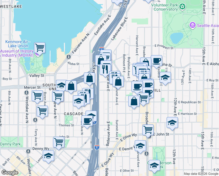 map of restaurants, bars, coffee shops, grocery stores, and more near 650 Bellevue Avenue East in Seattle