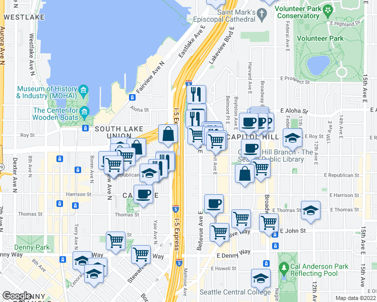 map of restaurants, bars, coffee shops, grocery stores, and more near 700 Melrose Avenue East in Seattle