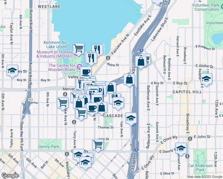 map of restaurants, bars, coffee shops, grocery stores, and more near 611 Pontius Avenue North in Seattle