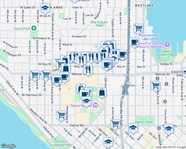 map of restaurants, bars, coffee shops, grocery stores, and more near 642 4th Avenue North in Seattle
