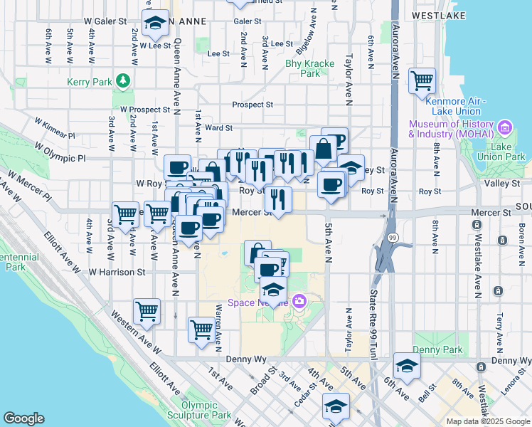 map of restaurants, bars, coffee shops, grocery stores, and more near 222 Mercer Street in Seattle