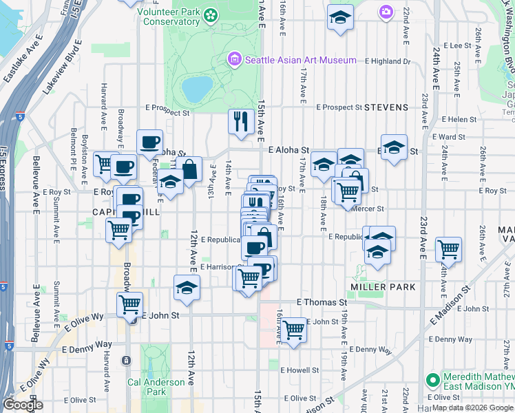 map of restaurants, bars, coffee shops, grocery stores, and more near 1509 East Mercer Street in Seattle