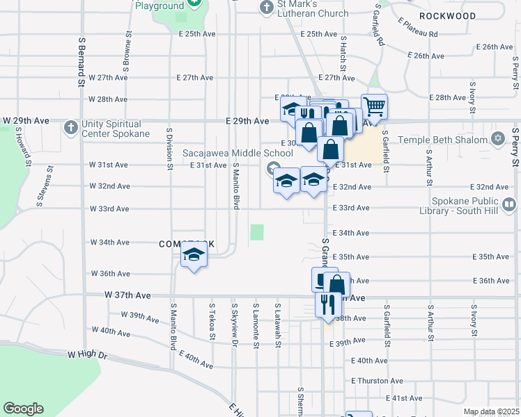 map of restaurants, bars, coffee shops, grocery stores, and more near 3299 South Lamonte Street in Spokane