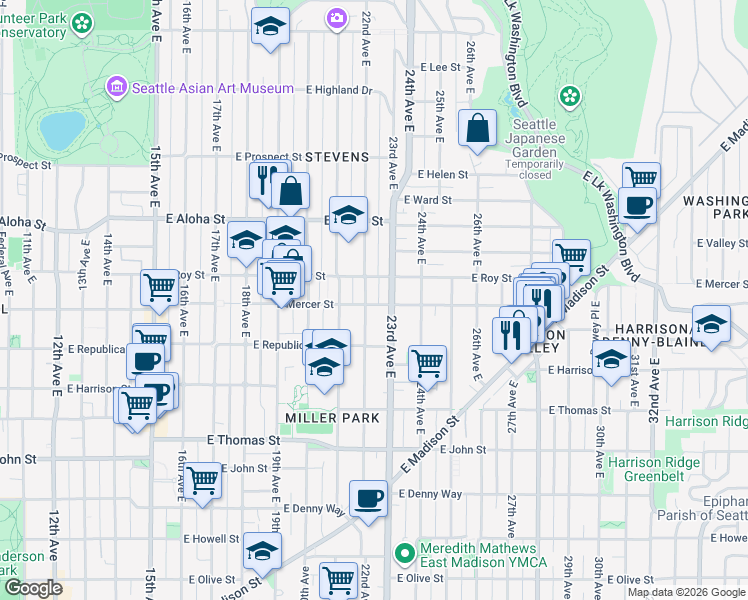 map of restaurants, bars, coffee shops, grocery stores, and more near in Seattle