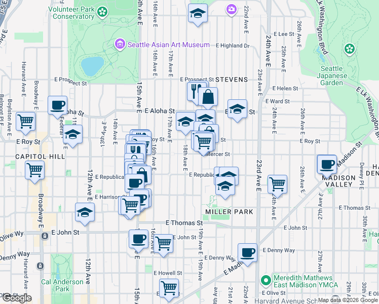 map of restaurants, bars, coffee shops, grocery stores, and more near 614 18th Avenue East in Seattle