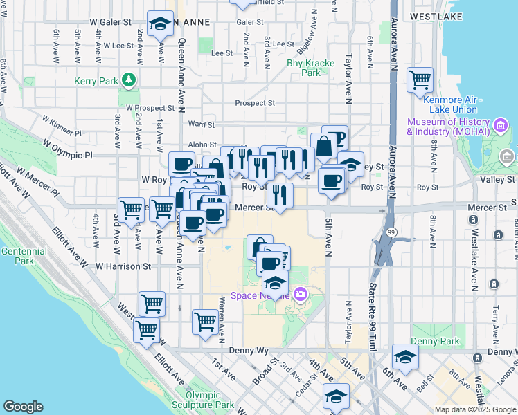 map of restaurants, bars, coffee shops, grocery stores, and more near 225 Mercer Street in Seattle