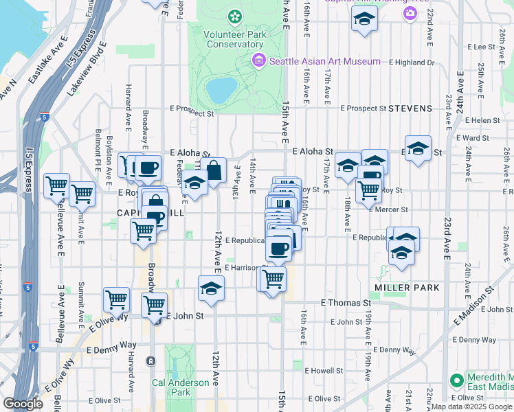 map of restaurants, bars, coffee shops, grocery stores, and more near 1400 East Mercer Street in Seattle