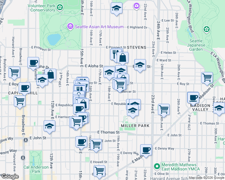 map of restaurants, bars, coffee shops, grocery stores, and more near 1808 East Mercer Street in Seattle