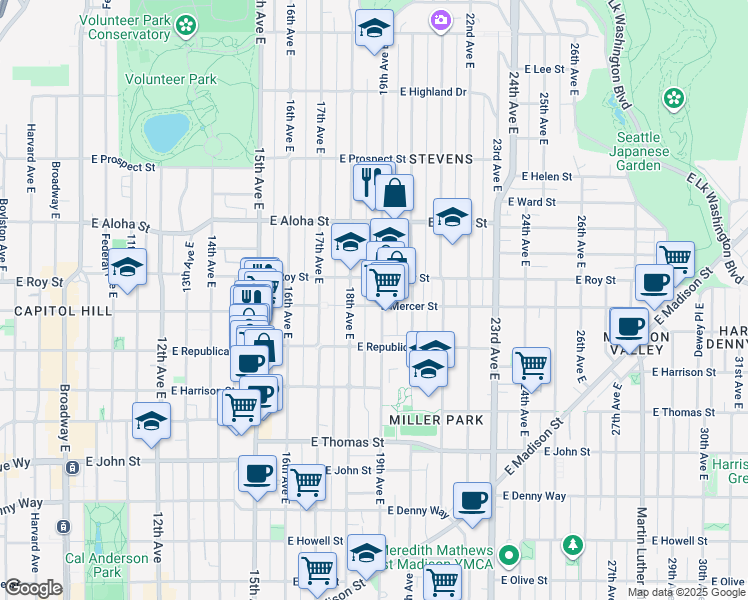 map of restaurants, bars, coffee shops, grocery stores, and more near 620 19th Avenue East in Seattle